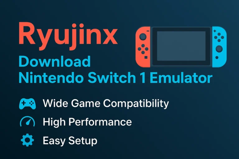 Ryujinx Emulator promotional banner showing Nintendo Switch games running on PC with sleek modern interface, highlighting cross-platform support for Windows, macOS, and Linux.